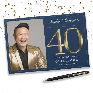  Gold Navy Blue Custom Photo 40th Birthday  Guest Book
