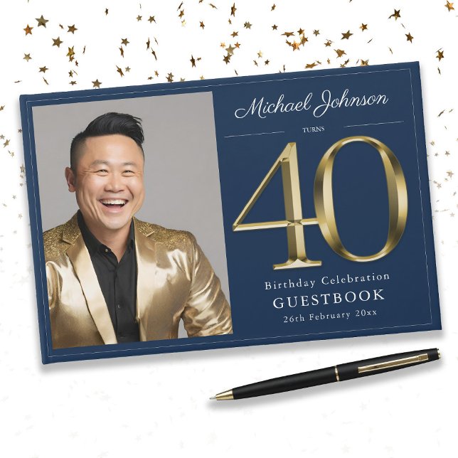  Gold Navy Blue Custom Photo 40th Birthday  Guest Book (Gold Navy Blue Custom Photo 40th Birthday Guest Book)