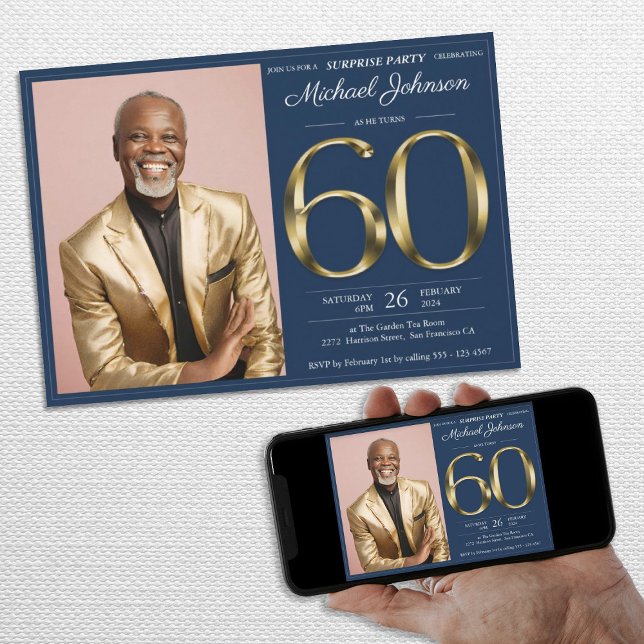 Gold Navy Blue Custom Photo Surprise 60th Birthday Invitation (Gold Navy Blue Custom Photo Surprise 60th Birthday Invitation)