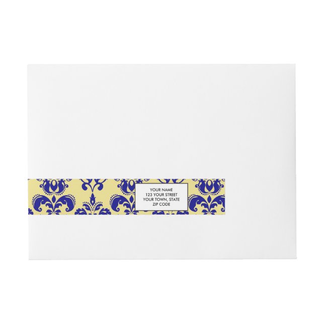 Gold, Navy Blue Damask Pattern 2 Wraparound Address Label (Front)