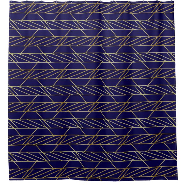 Gold & Navy Blue Deco Geometric Pattern Luxury Shower Curtain (Front)