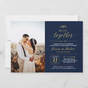 Gold & Navy Blue Elegant Photo Wedding Anniversary Invitation