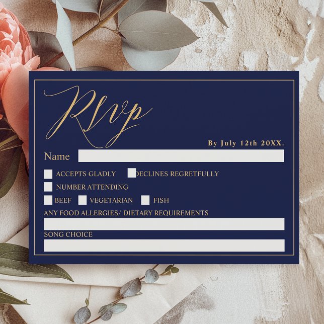 Gold navy blue elegant script chic rsvp wedding invitation (Gold navy blue elegant script chic rsvp wedding invitation)