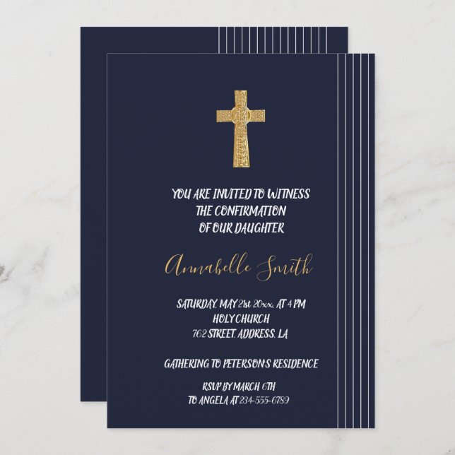 Gold navy blue elegant typography   CONFIRMATION Invitation (Front/Back)