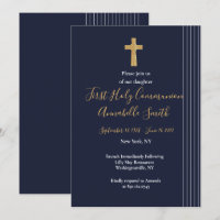 Gold navy blue elegant typography  First Holy Comm