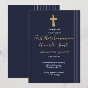 Gold navy blue elegant typography  First Holy Comm Invitation