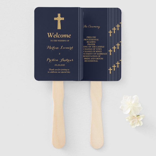 Gold navy blue elegant typography Wedding Program Hand Fan (Front and Back)