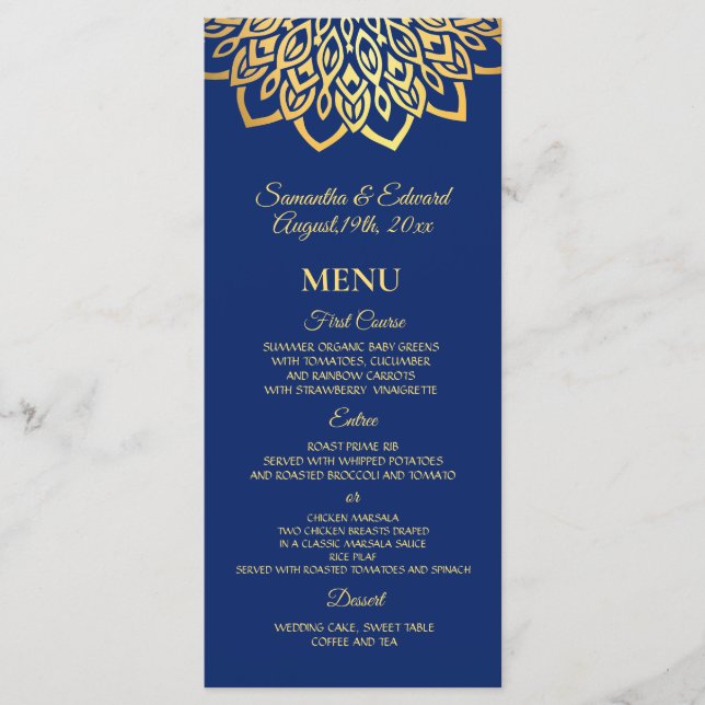 Gold Navy Blue Elegant  Wedding Menu (Front)