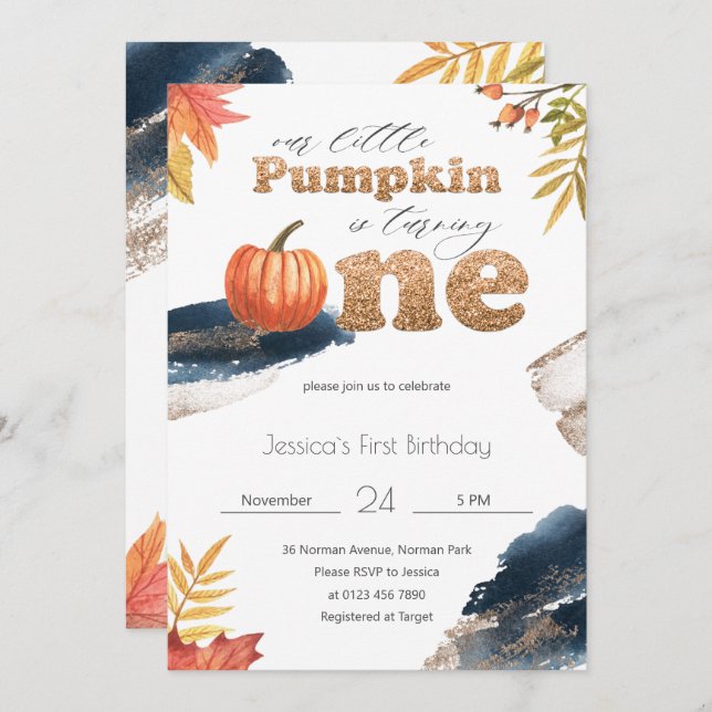 Gold & Navy Blue Fall Pumpkin First Birthday Invitation (Front/Back)