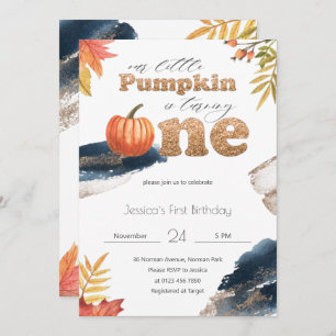 Gold & Navy Blue Fall Pumpkin First Birthday Invitation