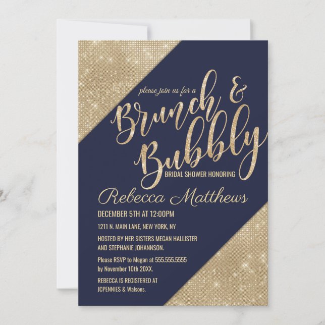 Gold Navy Blue Faux Glitter Sequin Brunch Bubbly Invitation (Front)