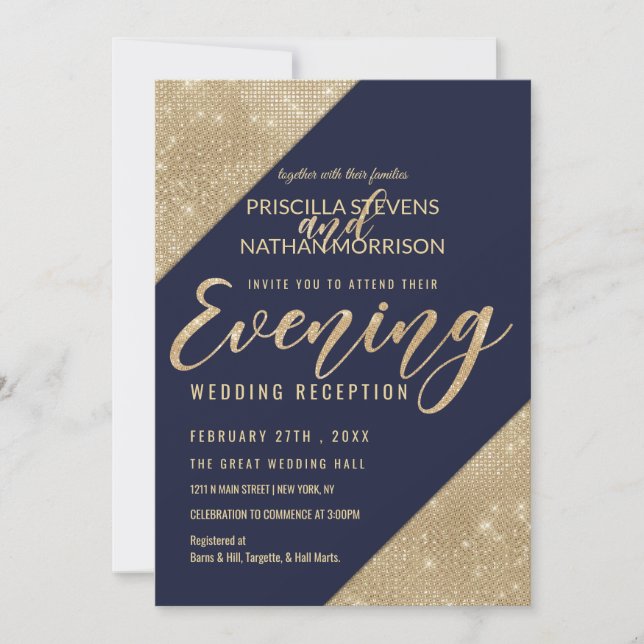 Gold Navy Blue Faux Glitter Sequin Evening Invitation (Front)