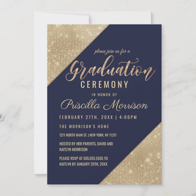 Gold Navy Blue Faux Glitter Sequin Graduation Invitation (Front)