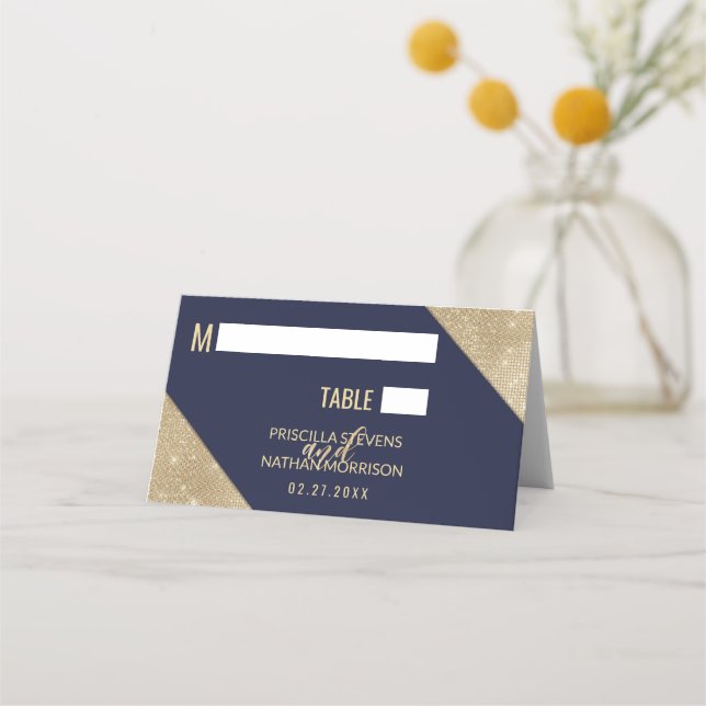 Gold Navy Blue Faux Glitter Sequin Place Card (Front)