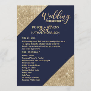 Gold Navy Blue Faux Glitter Sequin Wedding Program Programme