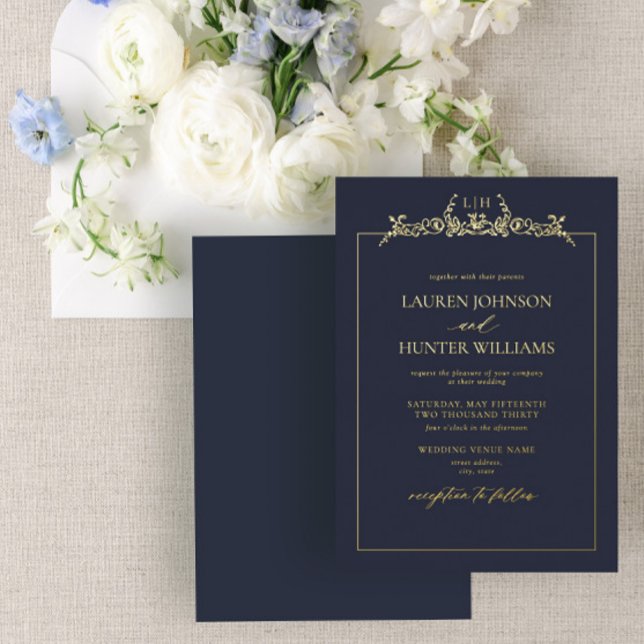 Gold Navy Blue Floral Border Monogram Wedding (Creator Uploaded)