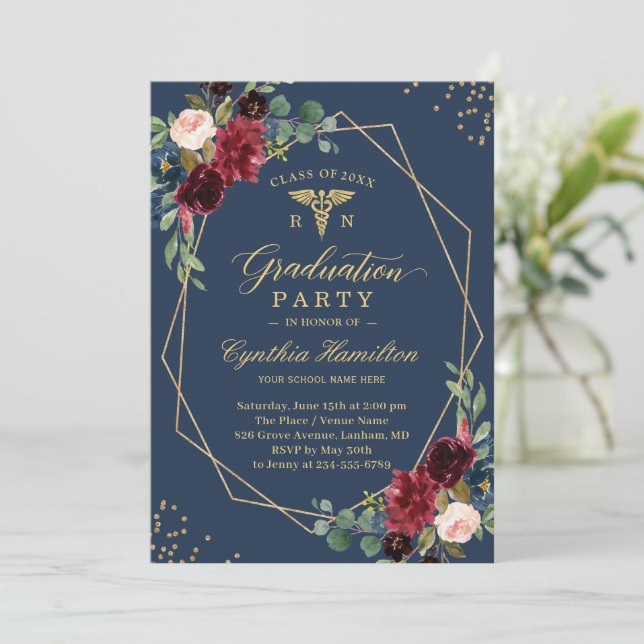 Gold Navy Blue Floral for RN Graduates Graduation Invitation (Standing Front)