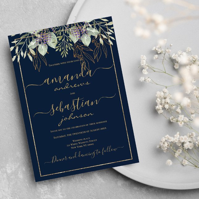 Gold navy blue foliage floral calligraphy wedding invitation (Gold navy blue foliage floral calligraphy wedding)