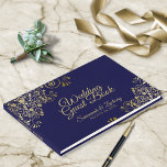 Gold & Navy Blue Frilly Filigree Elegant Wedding Guest Book<br><div class="desc">This elegant guest book will serve as a special memento of your wedding day. Designed to coordinate with our Gold & Navy Blue Elegant Wedding Suite,  it features frilly and ornate faux foil gold filigree with chic script lettering.</div>