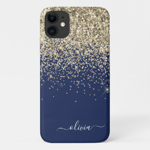 Gold Navy Blue Girly Glitter Sparkle Monogram Name Case-Mate iPhone Case