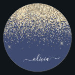 Gold Navy Blue Girly Glitter Sparkle Monogram Name Classic Round Sticker<br><div class="desc">Gold and Navy Blue Sparkle Glitter Monogram Name and Initial Party Sticker Address Labels. This makes the perfect sweet 16 birthday,  wedding,  bridal shower,  anniversary,  baby shower or bachelorette party gift for someone that loves glam luxury and chic styles.</div>