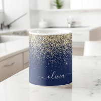 Gold Navy Blue Girly Glitter Sparkle Monogram Name