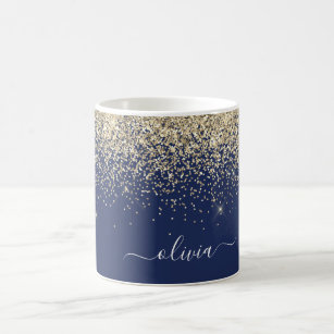 Gold Navy Blue Girly Glitter Sparkle Monogram Name Coffee Mug