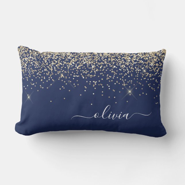 Gold Navy Blue Girly Glitter Sparkle Monogram Name Lumbar Cushion (Front)