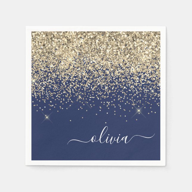 Gold Navy Blue Girly Glitter Sparkle Monogram Name Napkin (Front)