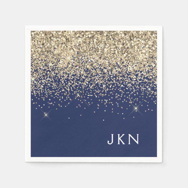 Gold Navy Blue Girly Glitter Sparkle Monogram Name Napkin (Front)
