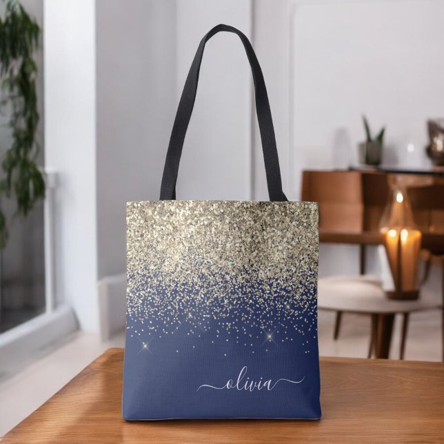 Gold Navy Blue Girly Glitter Sparkle Monogram Name Tote Bag (Creator Uploaded)
