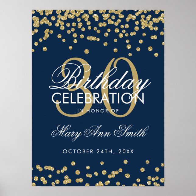 Gold Navy Blue Glitter Confetti 30th Birthday Poster (Front)