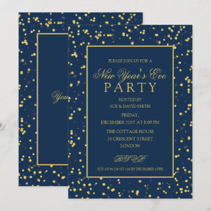 Gold Navy Blue Glitter Dots New Year's Eve Party Invitation