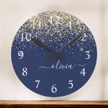 Gold Navy Blue Glitter Script Monogram Girly Name<br><div class="desc">Navy Blue and Gold Sparkle Glitter Brushed Script Monogram Name Clock. This makes the perfect sweet 16 birthday,  wedding,  bridal shower,  anniversary,  baby shower or bachelorette party gift for someone that loves glam luxury and chic styles.</div>