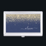 Gold Navy Blue Glitter Script Monogram Girly Name Business Card Holder<br><div class="desc">Navy Blue and Gold Sparkle Glitter Script Monogram Name Business Card Holder. This makes the perfect sweet 16 birthday,  wedding,  bridal shower,  anniversary,  baby shower or bachelorette party gift for someone that loves glam luxury and chic styles.</div>