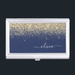 Gold Navy Blue Glitter Script Monogram Girly Name Business Card Holder<br><div class="desc">Navy Blue and Gold Sparkle Glitter Script Monogram Name Business Card Holder. This makes the perfect sweet 16 birthday,  wedding,  bridal shower,  anniversary,  baby shower or bachelorette party gift for someone that loves glam luxury and chic styles.</div>