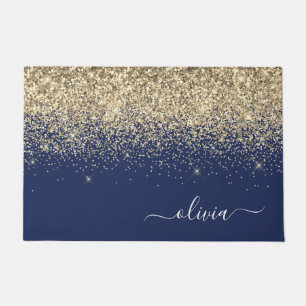 Gold Navy Blue Glitter Script Monogram Girly Name Doormat