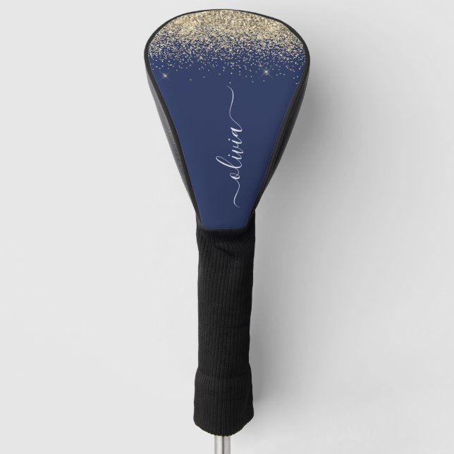Gold Navy Blue Glitter Script Monogram Girly Name Golf Head Cover (Front)