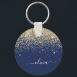 Gold Navy Blue Glitter Script Monogram Girly Name Key Ring<br><div class="desc">Navy Blue and Gold Sparkle Glitter Script Monogram Name Keychains (Key Chain). This makes the perfect sweet 16 birthday,  wedding,  bridal shower,  anniversary,  baby shower or bachelorette party gift for someone that loves glam luxury and chic styles.</div>