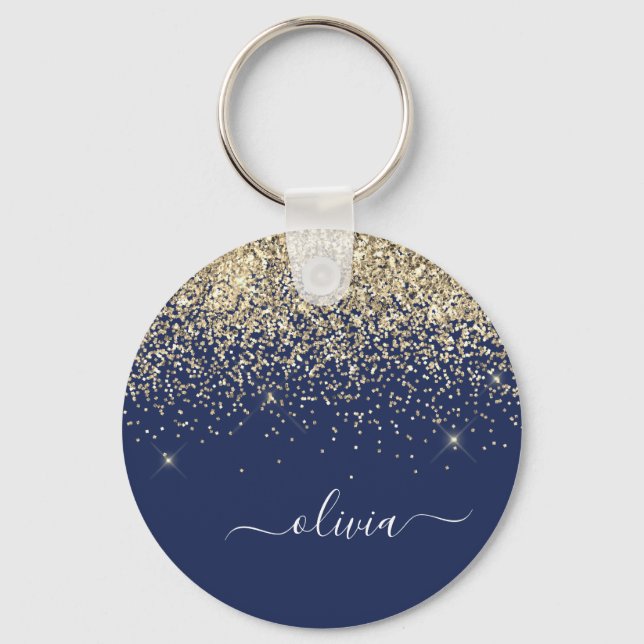 Gold Navy Blue Glitter Script Monogram Girly Name Key Ring (Front)
