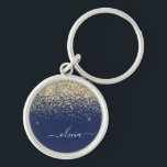 Gold Navy Blue Glitter Script Monogram Girly Name Key Ring<br><div class="desc">Gold and Navy Blue Sparkle Glitter Script Monogram Name Keychains (Key Chain). This makes the perfect sweet 16 birthday,  wedding,  bridal shower,  anniversary,  baby shower or bachelorette party gift for someone that loves glam luxury and chic styles.</div>