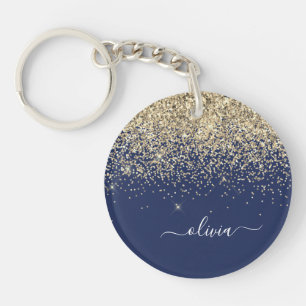 Gold Navy Blue Glitter Script Monogram Girly Name Key Ring