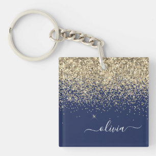 Gold Navy Blue Glitter Script Monogram Girly Name Key Ring