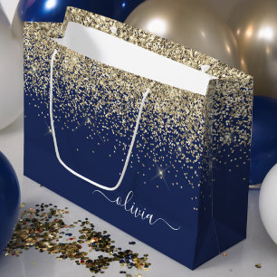 Gold Navy Blue Glitter Script Monogram Girly Name Large Gift Bag