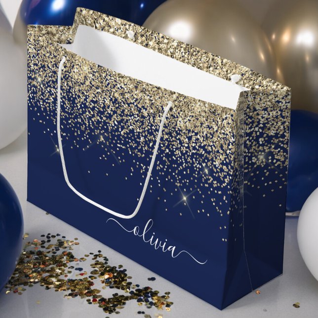 Gold Navy Blue Glitter Script Monogram Girly Name Large Gift Bag (Creator Uploaded)