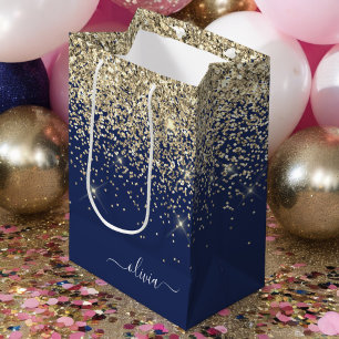 Gold Navy Blue Glitter Script Monogram Girly Name Medium Gift Bag
