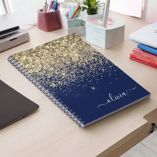 Gold Navy Blue Glitter Script Monogram Girly Name Notebook