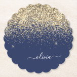 Gold Navy Blue Glitter Script Monogram Girly Name Paper Coaster<br><div class="desc">Navy Blue and Gold Sparkle Glitter Script Monogram Name Paper Coasters. This makes the perfect graduation,  birthday,  wedding,  bridal shower,  anniversary,  baby shower or bachelorette party gift for someone that loves glam luxury and chic styles.</div>