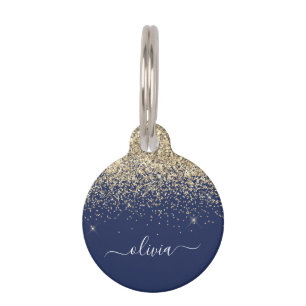 Gold Navy Blue Glitter Script Monogram Girly Name Pet Tag