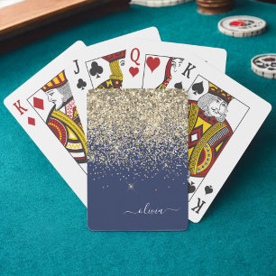 Gold Navy Blue Glitter Script Monogram Girly Name Playing Cards